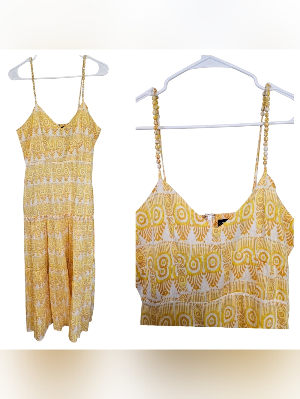 Ro's Garden Britney Tiered Midi Print Beaded Strap Boho Eyelet Dress Sundress